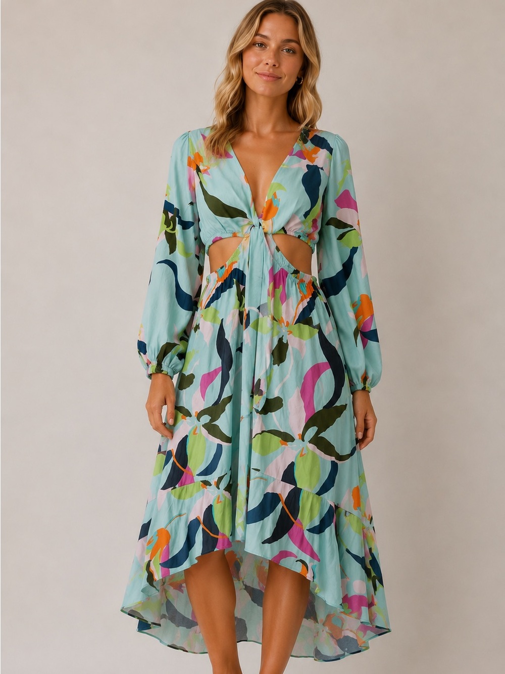 Light Blue Floral Cutout Long Sleeve Midi Dress